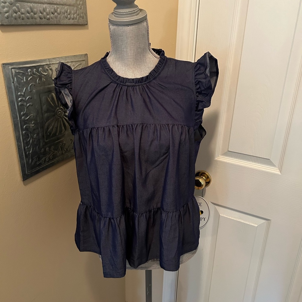 Navy Ruffle Sleeve Women's Top